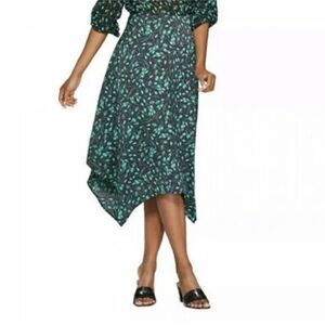 Who What Wear Black and Green Floral Print Silky Midi Length Skirt Size 10
